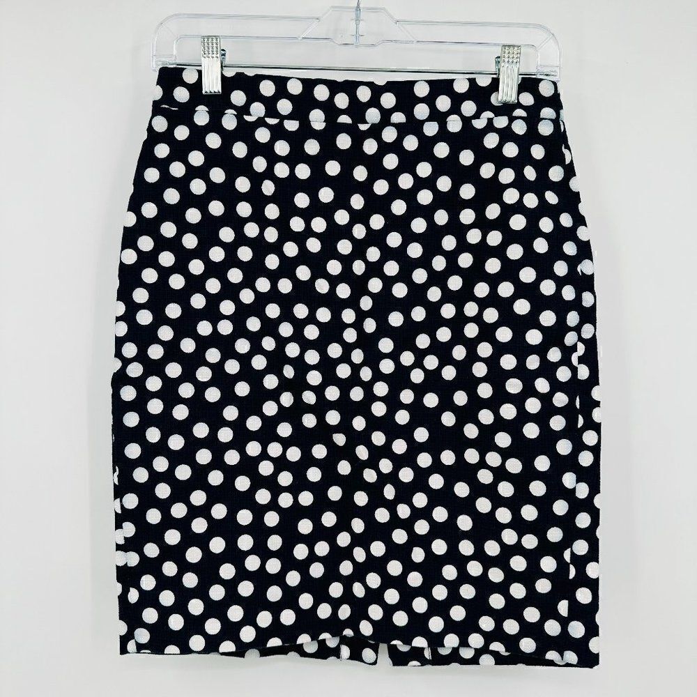 J. Crew Size 0 Navy Blue & White Polka Dot Basketweave Cotton Pencil Skirt